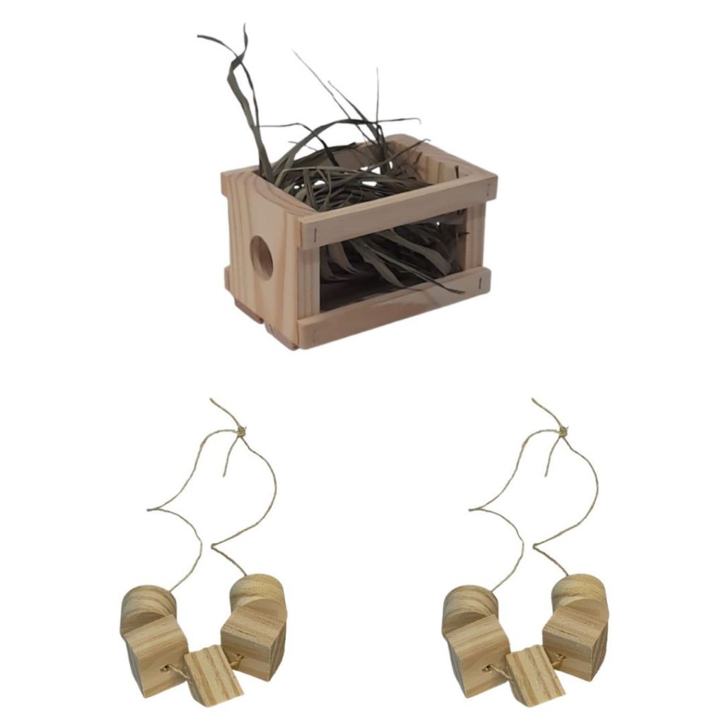 Kit Porta Feno + 2 Bolachas Para Roedores de Madeira Pinus Hamsters Coelhos Porquinhos da Índia