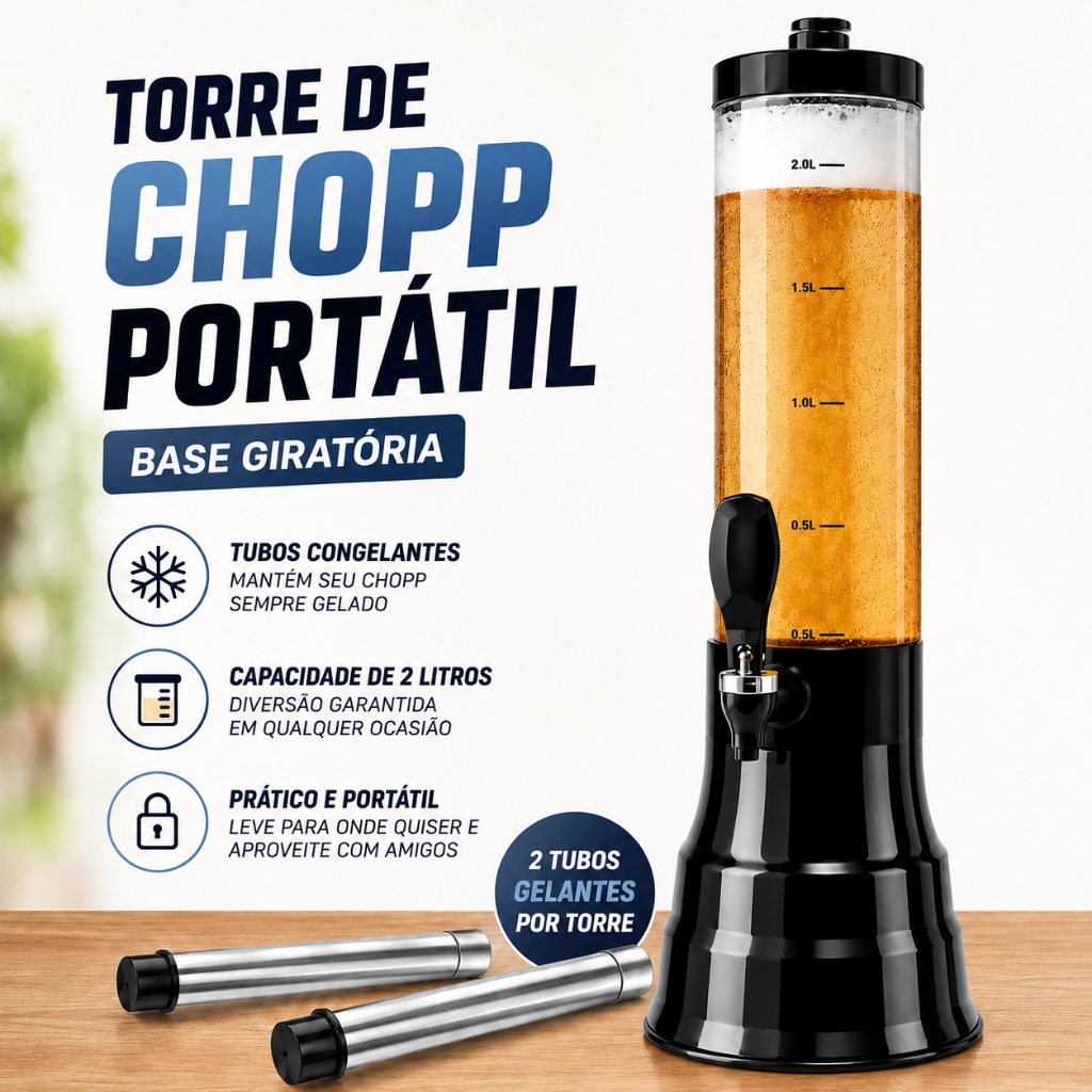 Torre De Chopp 2 Litros Beer Chopp Com Copo Removível Torneira Italiana e 2 Tubos Gelantes