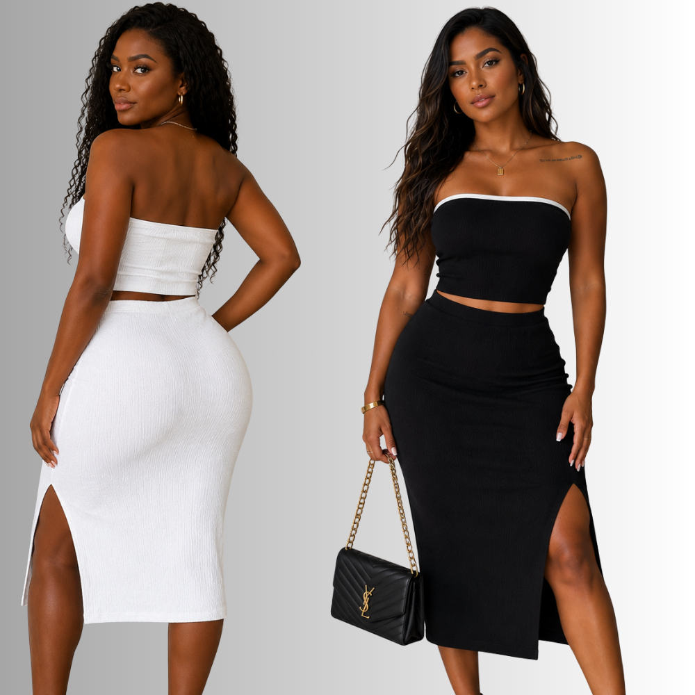 Conjunto Feminino Saia Midi e Top Tecido Anarruga fenda Lateral Zero Transparência Moda Gringa