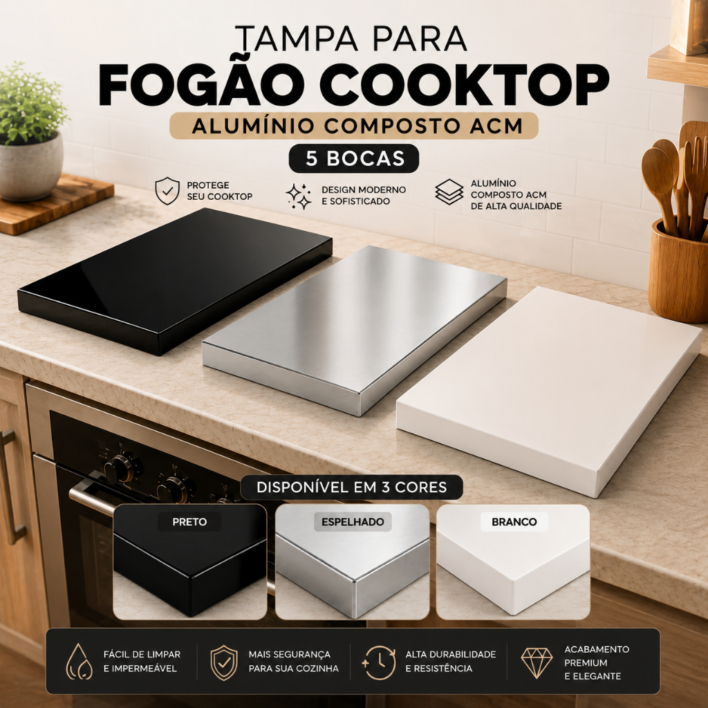 Tampa Caixa Para Fogão Cooktop em Alumínio Composto ACM 5 Bocas - Proteção contra riscos e Arranhões