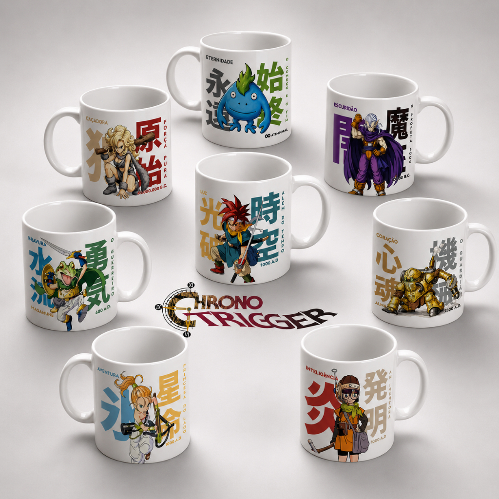 Caneca Chrono Trigger Geek Anime RPG | Chrono Marle Frog Magus Robo Lucca Ayla Nu