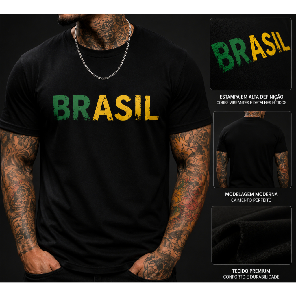 Camisa Camiseta Estilosa T-shirt Masculina Brasil Copa do Mundo Malha Premium Estampada Lançamento