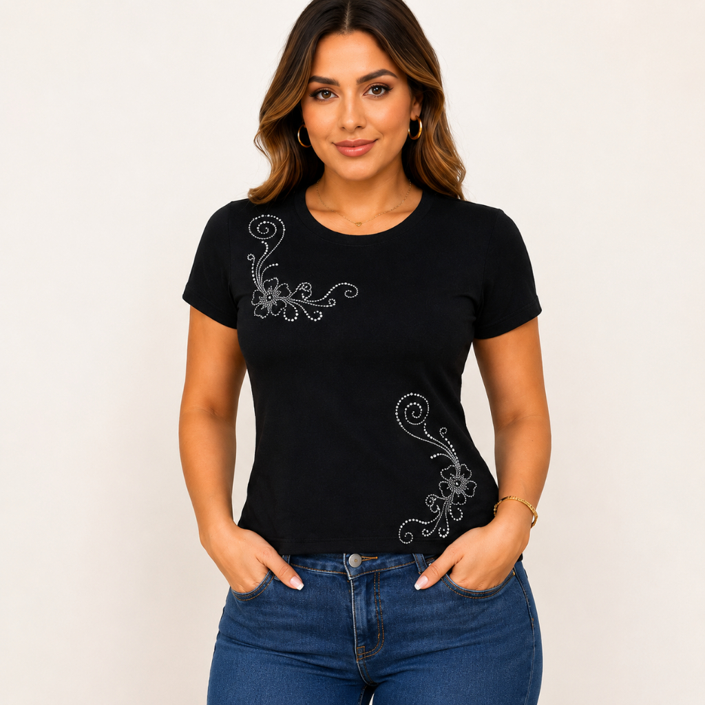 Blusa Tshirt com Pedraria Strass Blogueirinha