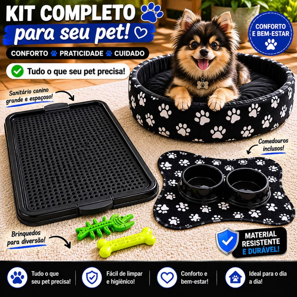 Tapete Higiênico para Cães + Bebedouro Cachorro + Cama Pet KitZoo Tudo em Um 7 Itens