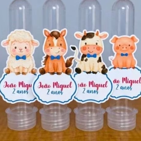 Kit com 10, 20 ou 30 Tubetes Personalizado para Aniversário Fazendinha Aquarela, Tag para Tubete, Apliques 3D