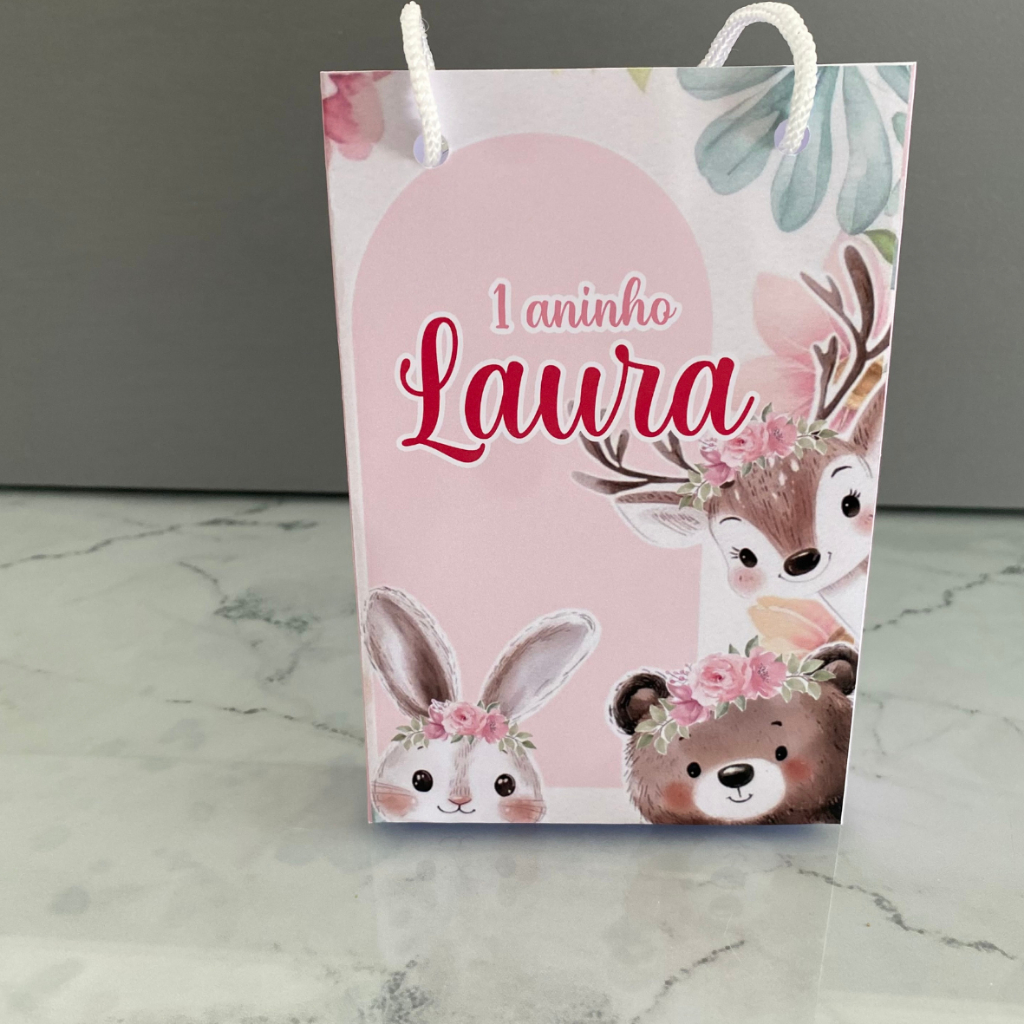 Kit Sacolinha 10|15|20 Personalizada Animais Rosa Festa 10x15cm | Lembrancinha, Embalagem, Kit Presente com Alça