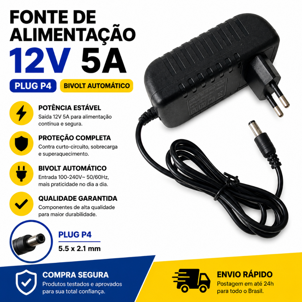 Kit 5 60w Fonte Estabilizadora LED 12V 5A Plug P4 Linha Apollo Bivolt para Fita LED e Luminárias