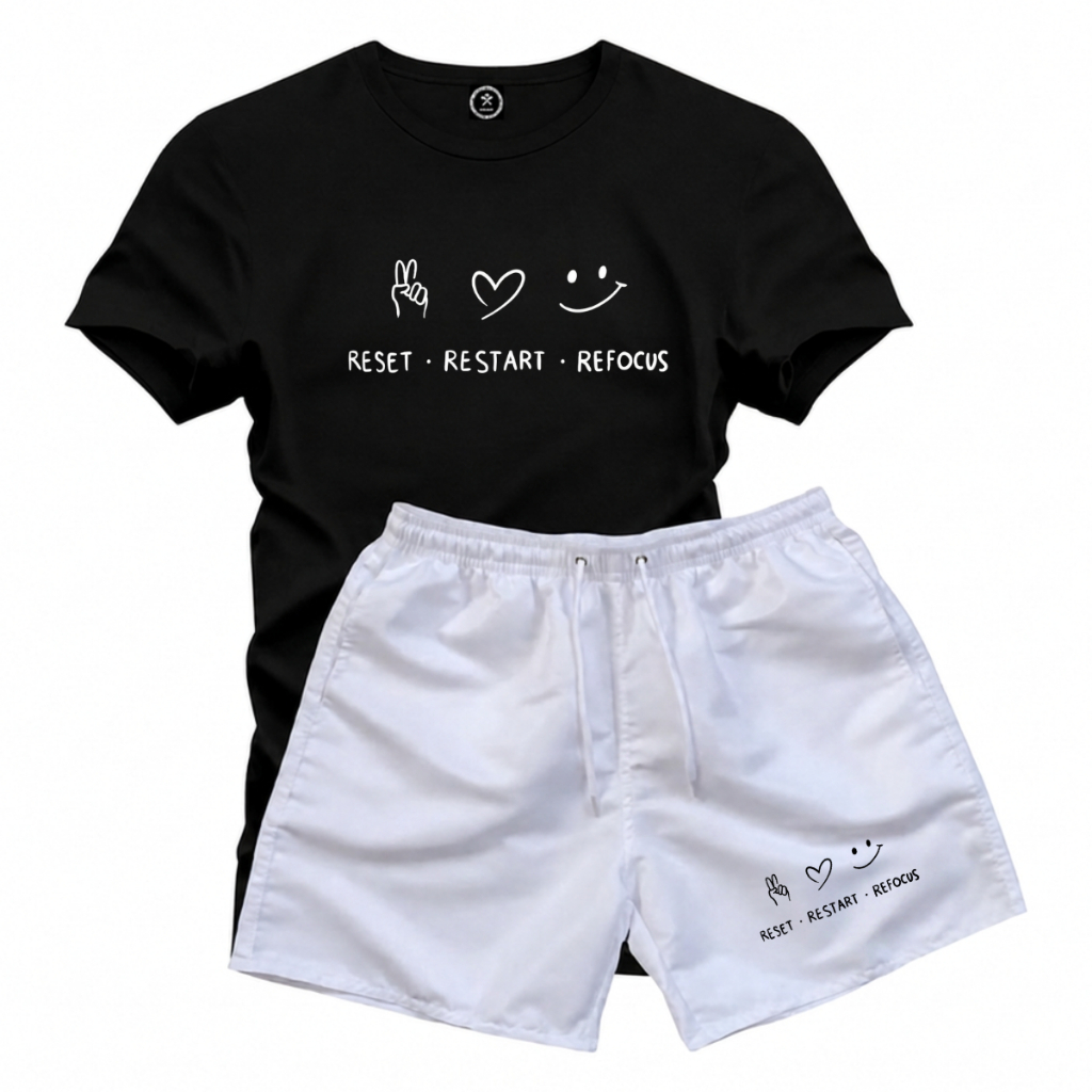Kit Conjunto Masculino Camiseta e Shorts Minimalista Reset Restart Refocus  Para Lazer Academia Atividades Ar Livre 10