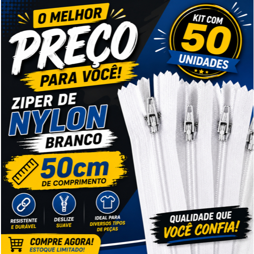 Zíper de Nylon 50cm Fino Comum Branco Cada Kit Com 50 unidades