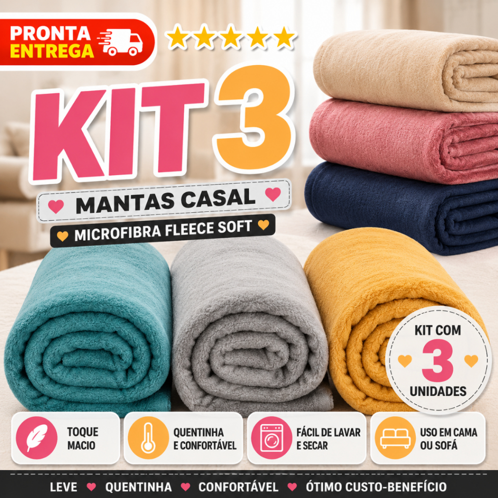 Kit 3 Mantas Lisas Cobertor Fleece Casal Padrão 2,00m x 1,80m Cores Sortidas Mantinha Soft Luxo
