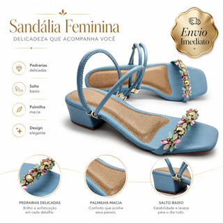 Sandalia Feminina Com Pedrarias Delicadas Salto Baixo Bloco Palmilha Macia Envio Imediato