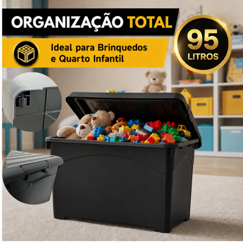 Caixa Organizadora 95 Litros com Tampa,Rodinhas,Trava Reforçada Multiuso Preta Brinquedos 1-4 UN