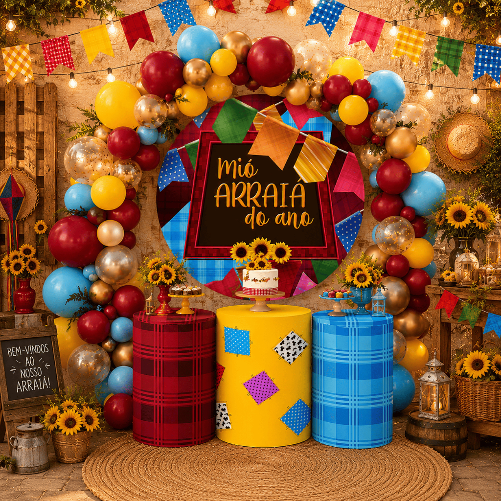 Capa Painel Redondo Arraiá Festa Junina São João Trio Cilindros Decoração Sublimado Veste Fácil Bibi