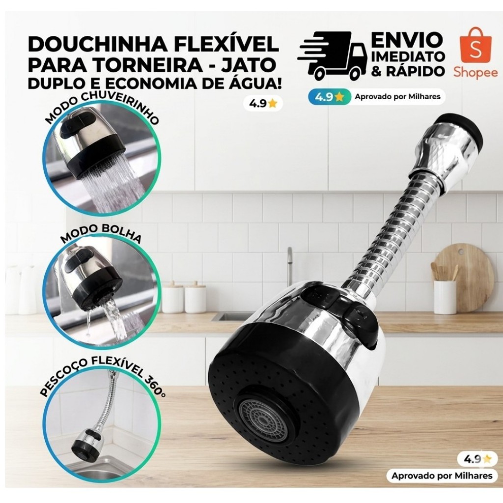 Extensor Flexível De Torneira de Agua Pia Cozinha Adaptador Giro 360° Arejador / Bico Extensor Aço Inox
