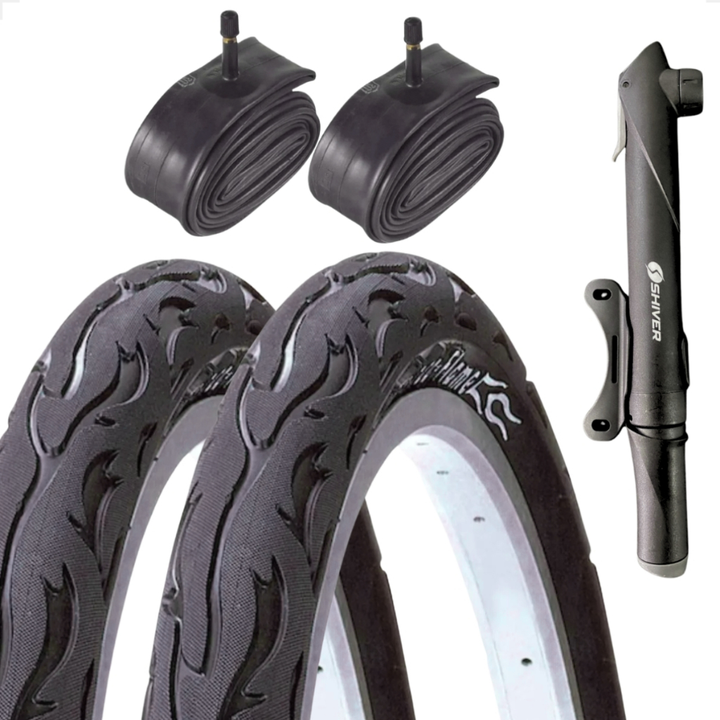 PAR Pneu Bicicleta Kenda Flame Balão Aro 26 x 2.125 Liso Fogo + PAR Camara Bico Grosso + Bombinha