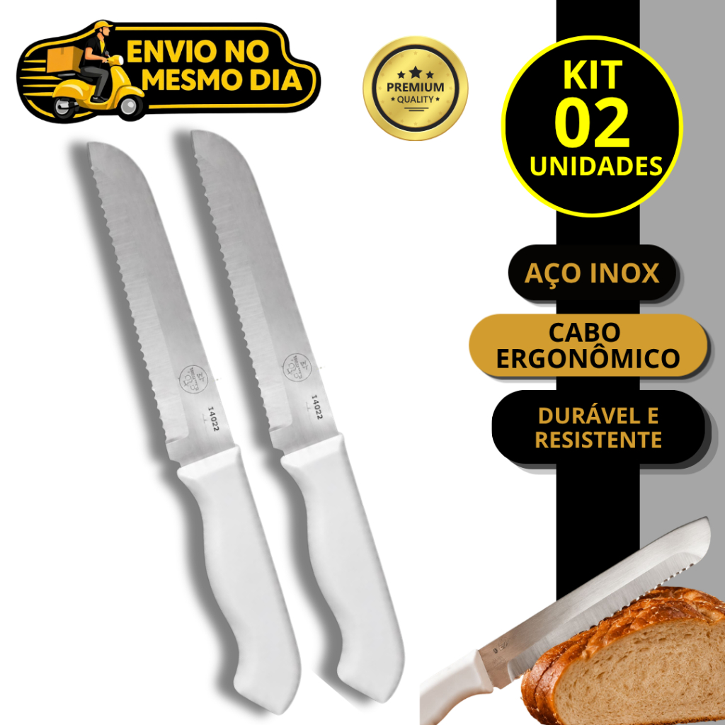 KIT 1 2 Faca de Pão Serra 6 Polegadas Serrilhada Aço Inox Cabo Ergonômico 27cm Cozinha Profissional Padaria Confeitaria