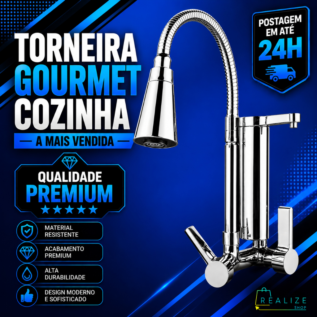 Torneira Gourmet Cozinha Com Filtro Parede Pia em Metal Dois Jatos Flexível 1/4 de Volta Cód. 1154