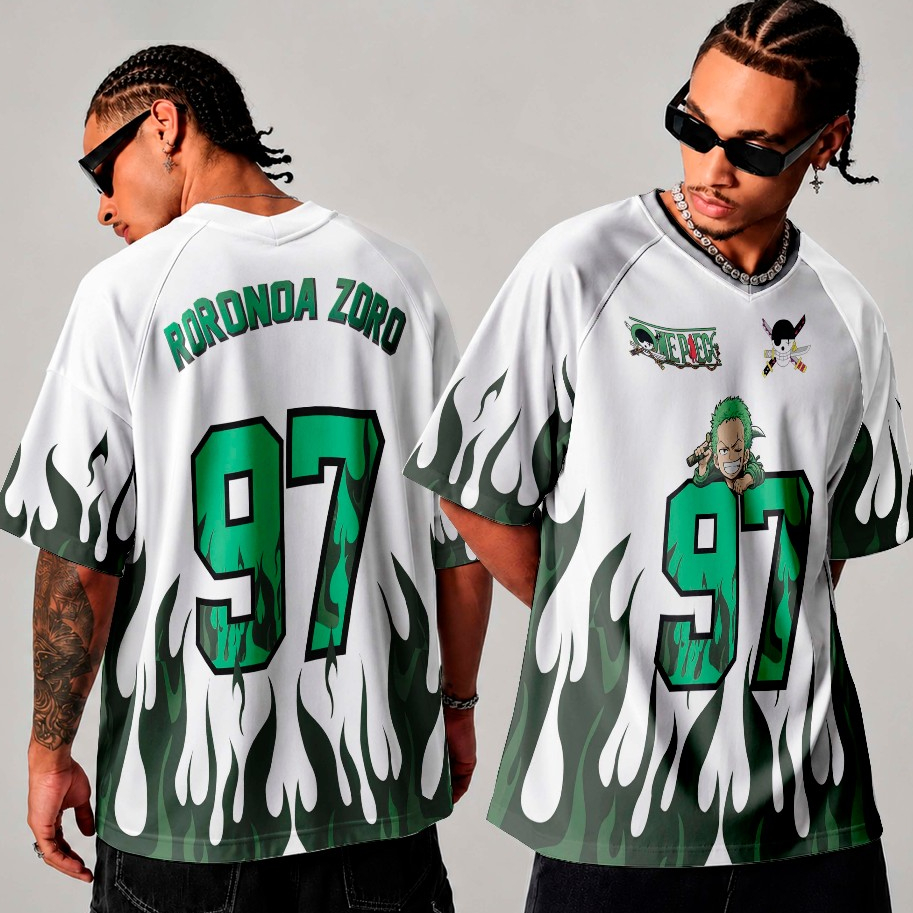 Camiseta Oversized Jersey Streetwear Zoro One Piece Skatewear Urban Style Americana Swag Y2K Unissex