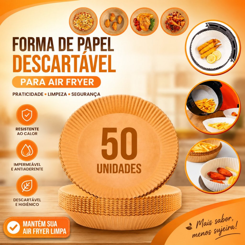 Forma De Papel Descartável P/ Air Fryer - 50 Unidades