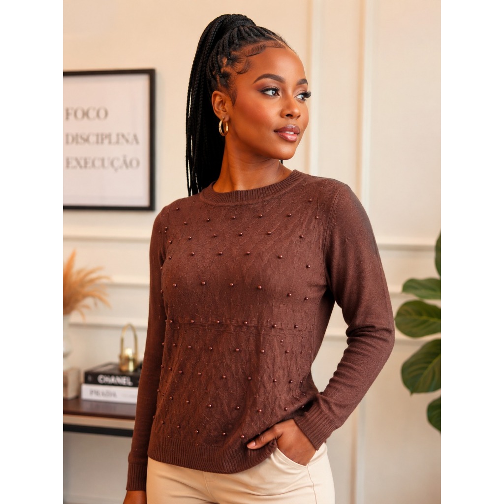 Blusa Feminina Pérola Tricot Pérola manga Longa Casual Inverno Frio