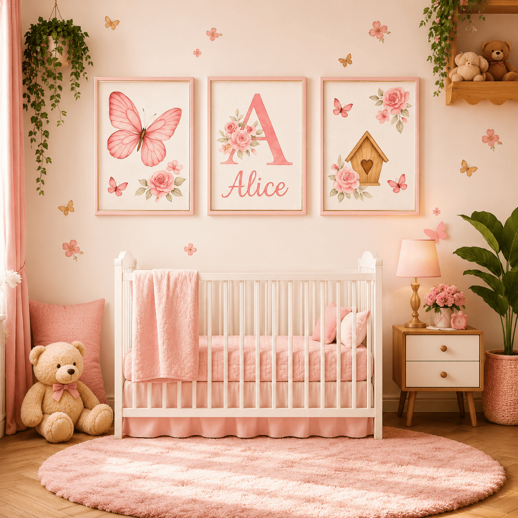 Quadro decorativo 3 peças Borboleta Rosa Flores Personalizado com nome decoraçao quarto infantil