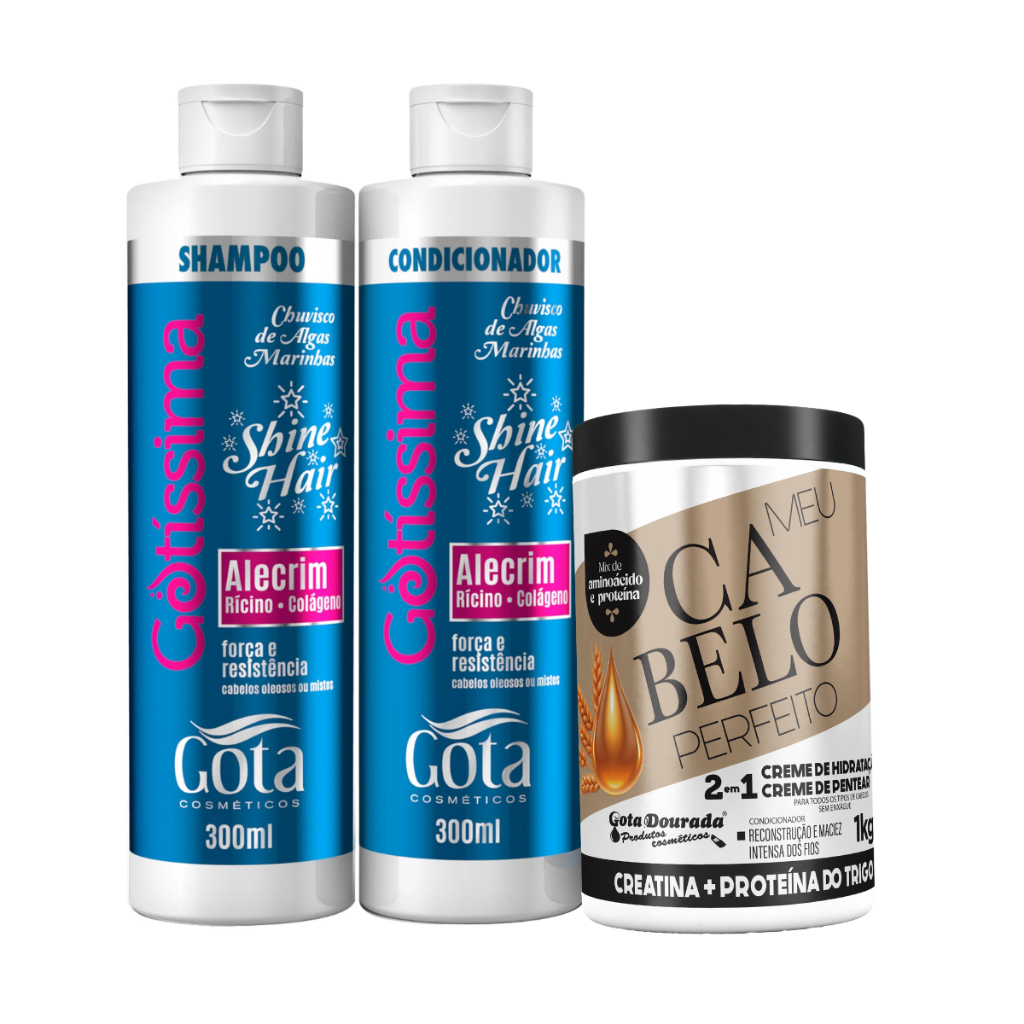 Kit Gota Dourada Chuvisco De Algas Marinhas Shampoo e Condicionador 300ml e Creme Cabelo Perfeito Proteína do Trigo 1Kg