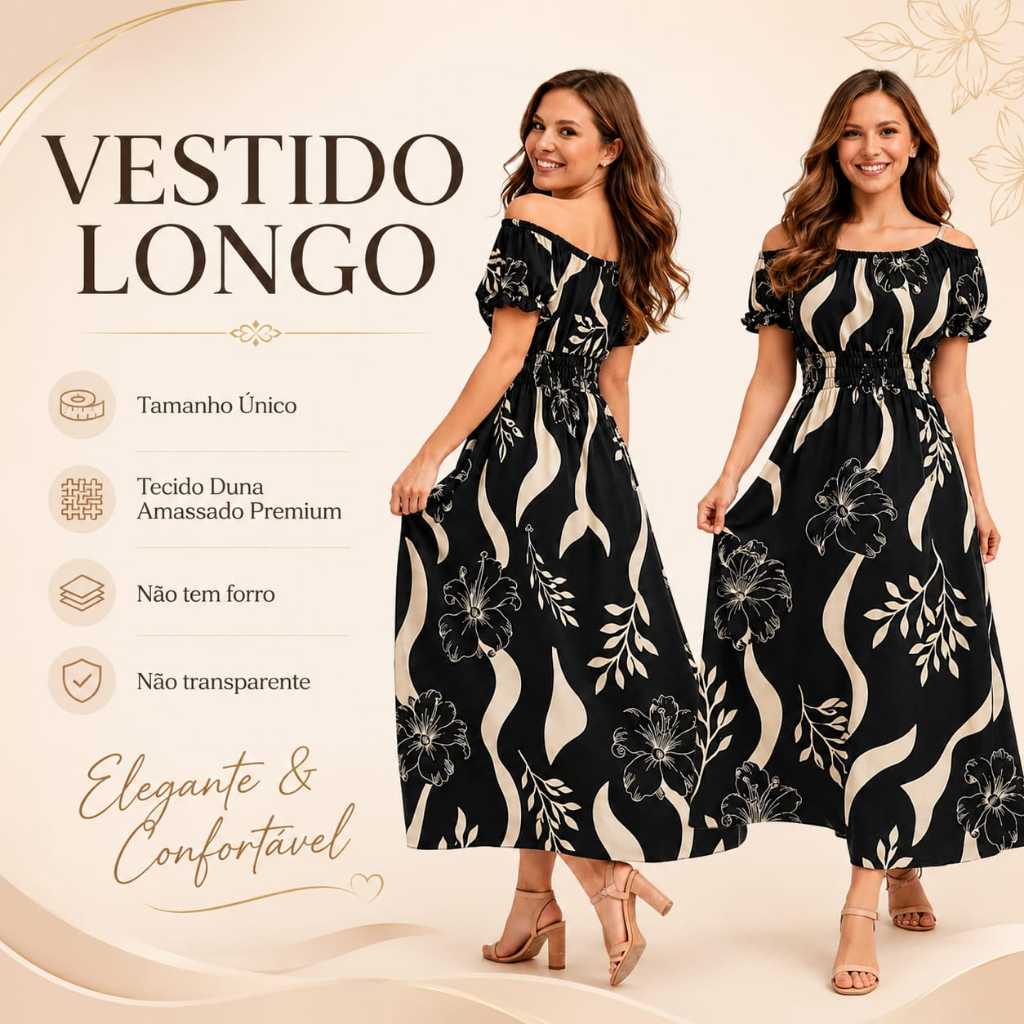Vestido Longo com Mangas e Cintura com Elástico, Confortável– Veste do 38 ao 40 em Varias Cores