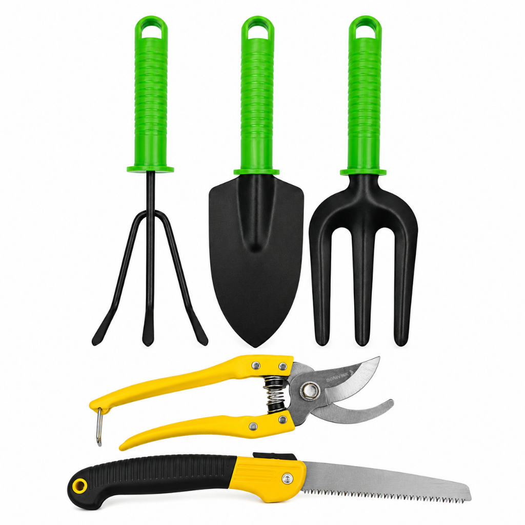 Kit Jardinagem 5 Peças Serrote Dobrável Tesoura Poda Ancinho Pá Grafo