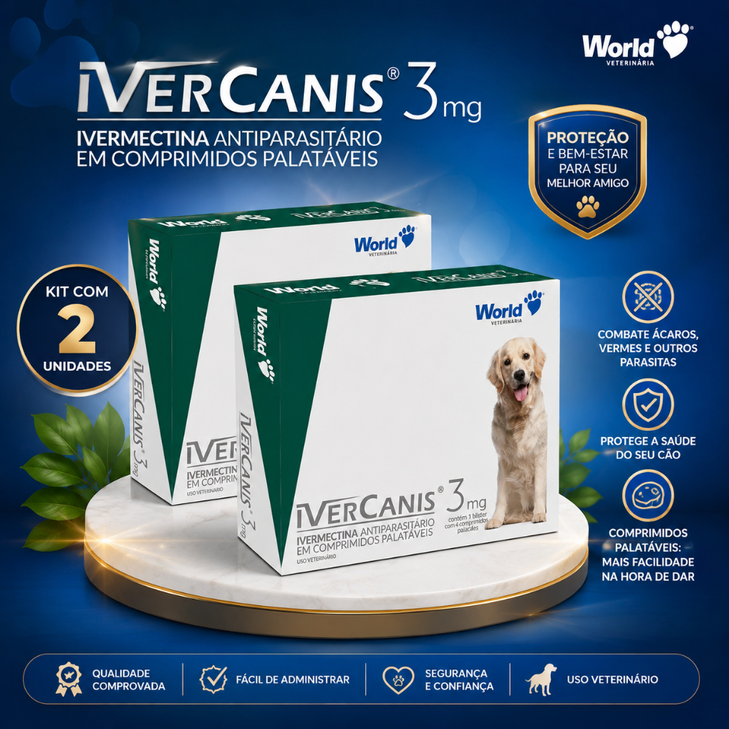 2 IverCanis 3mg Remédio Para Pulgas, Carrapatos e Sarna para Cães de 15Kg - Blíster 4 Comprimidos