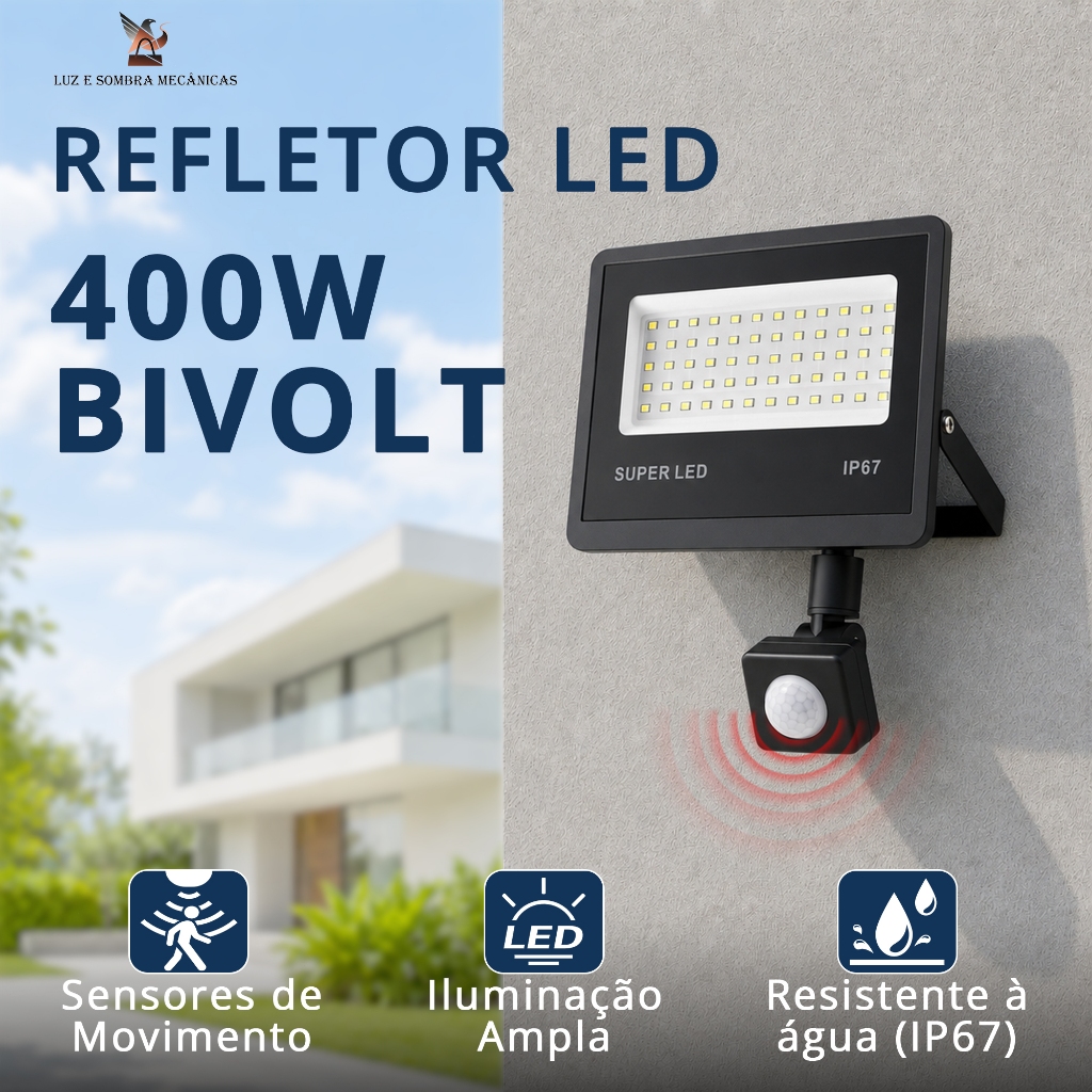 Refletor LED 400W com Sensor de Presença IP67 Bivolt 100-240V Super Brilhante - Kit 1-4