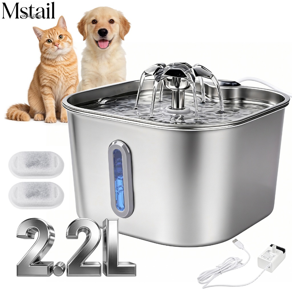 Mstail 2.2L Fonte de água automática em aço inoxidável de grande capacidade para gatos com janela de visualização
