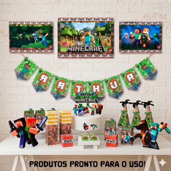 Kit Festa Aniversário Minecraft | Minecraft | Só um Bolinho Minecraft | Festa em Casa Minecraft | Lembrancinha Minecraft
