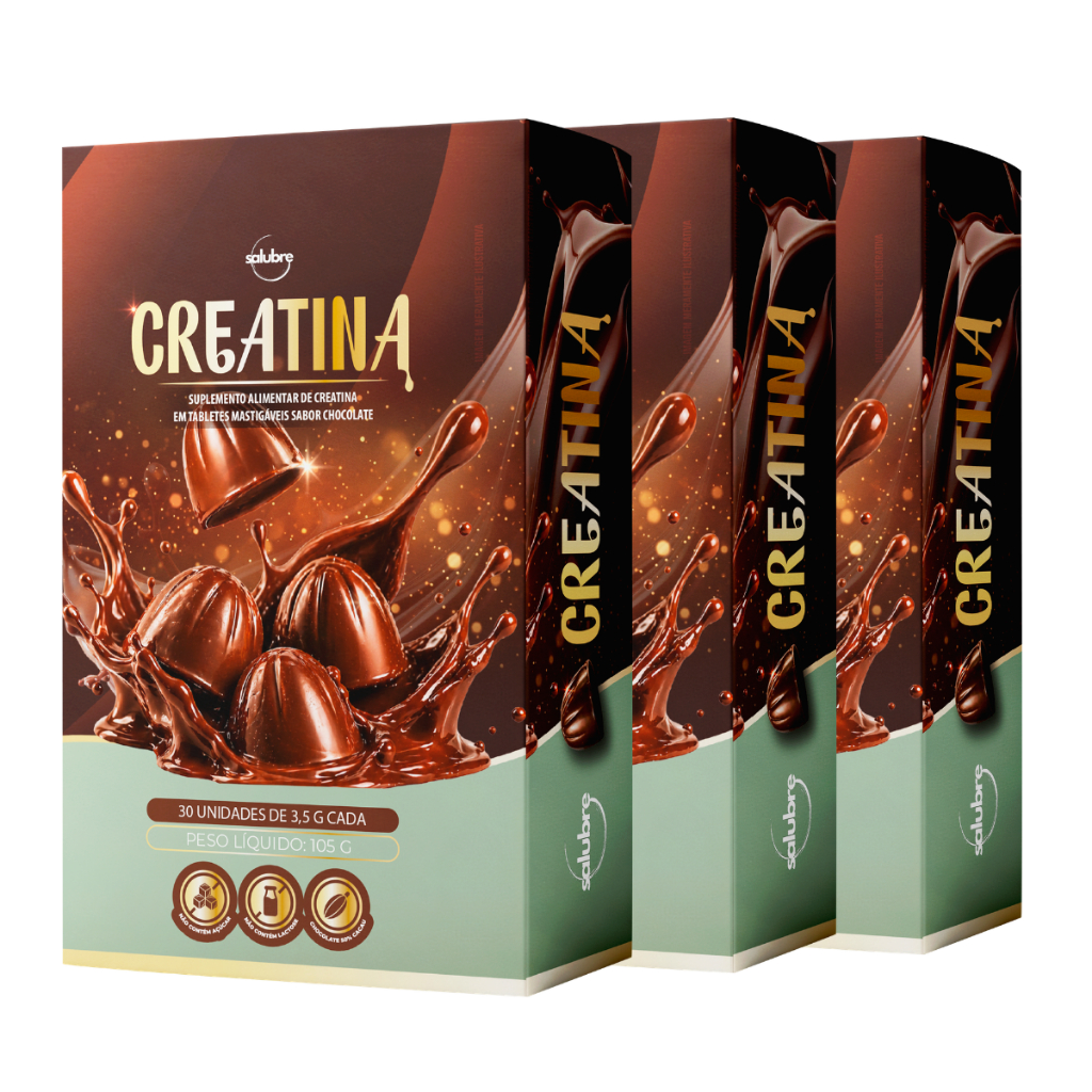 Creatina sabor Chocolate em Tabletes 3000mg - Sem Açúcar e Sem Lactose 3un