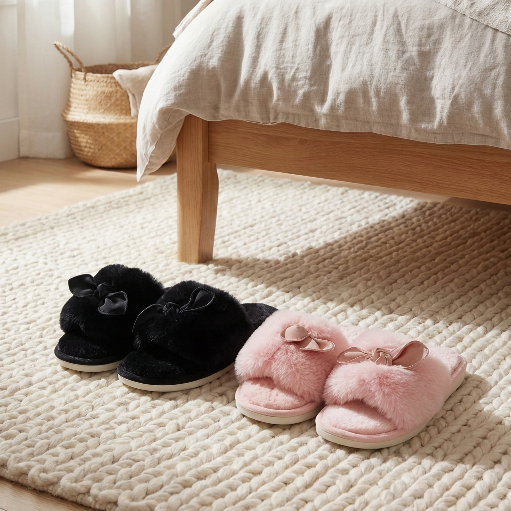 Pantufa Feminina Chinelo de Quarto Aberto Plush Peluciada Macia Quentinha Casa Rosa e Preta Conforto Inverno