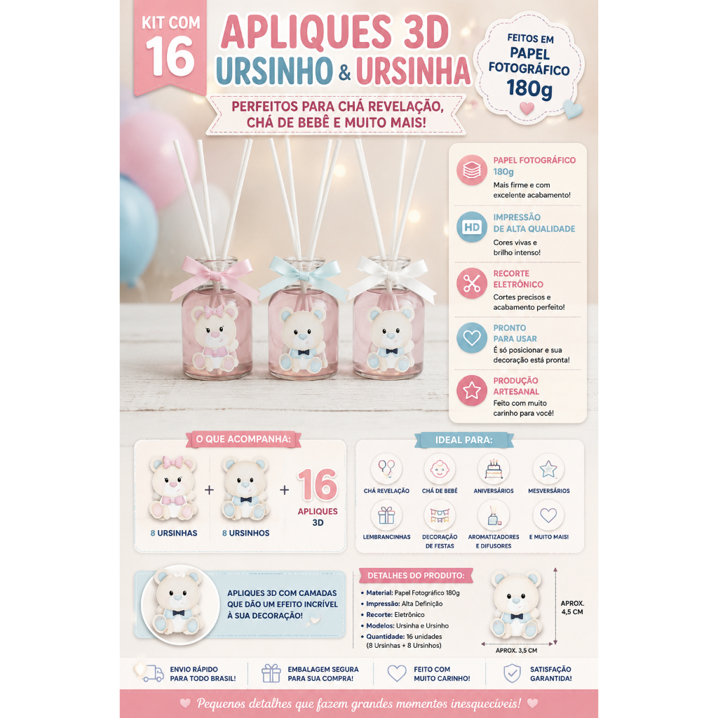 ENVIO IMEDIATO!!! KIT 16 Apliques 3D Tema Ursinho Menino e Menina – Chá Revelação, Chá de Bebê, Decoração Menino, Menina