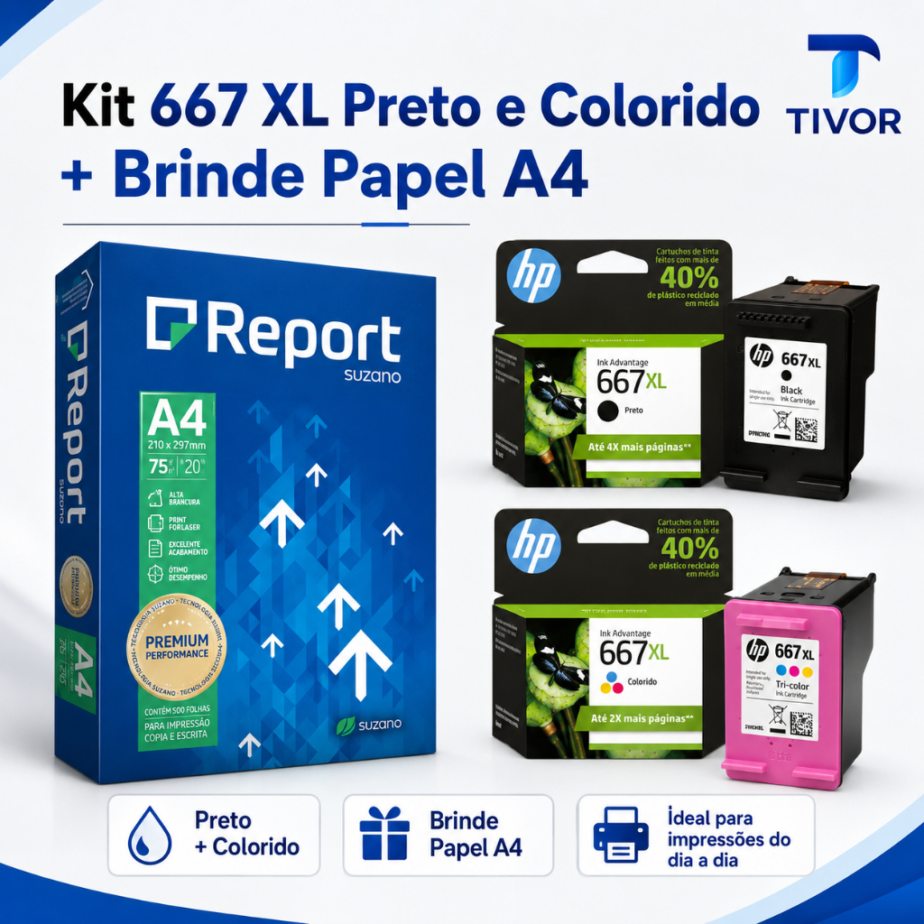 Kit Cartucho Hp 667xl Preto e Colorido + Resma Papel A4 Sulfite  Report Folha 500  Ofício Impressão
