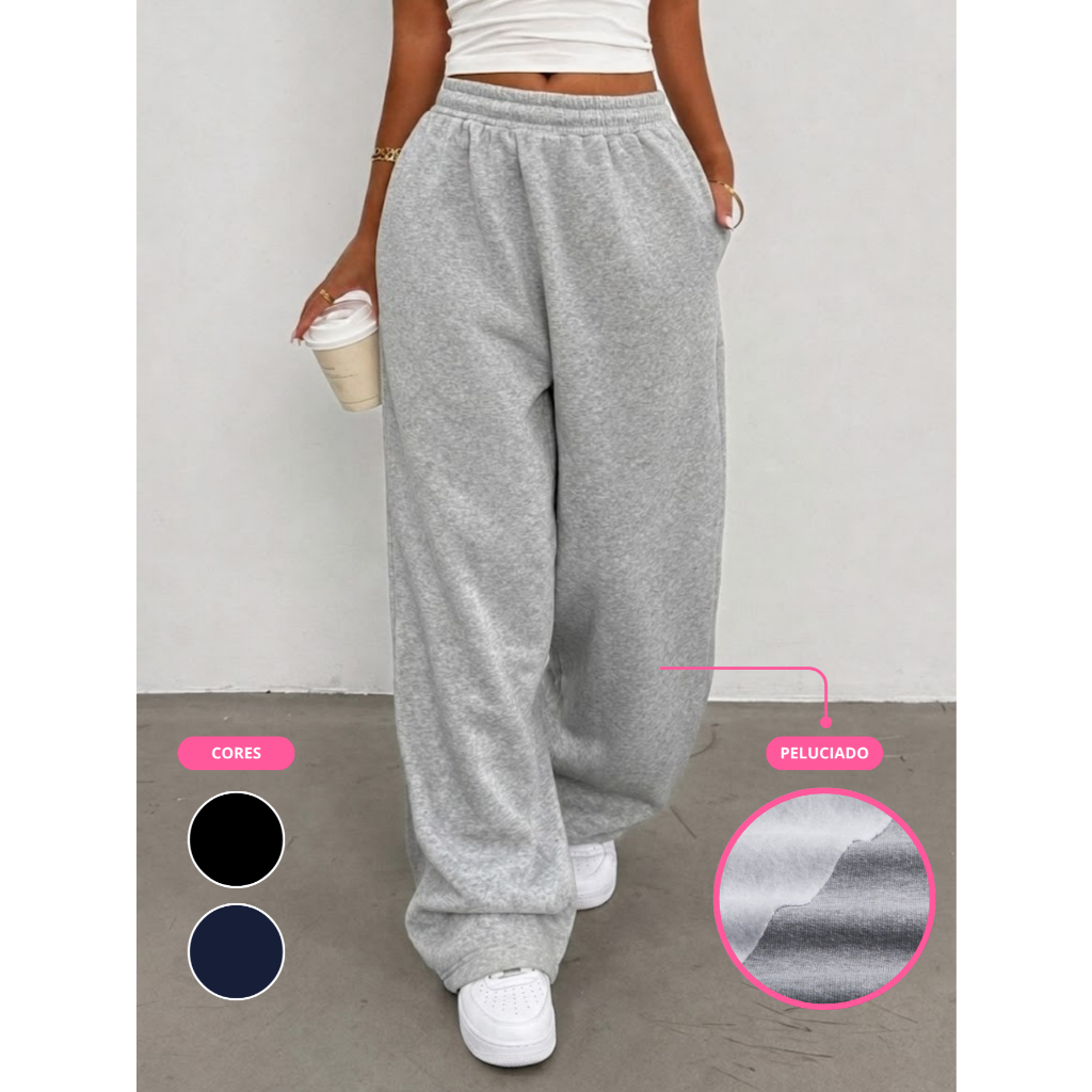 Calça Moletom Baggy Unissex Larga Grossa Peluciada Streetwear Wide Leg Versátil Confortável