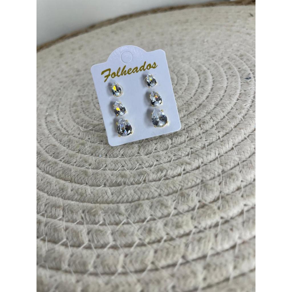 Brinco kit trio gota zircônia prata / dourado feminino