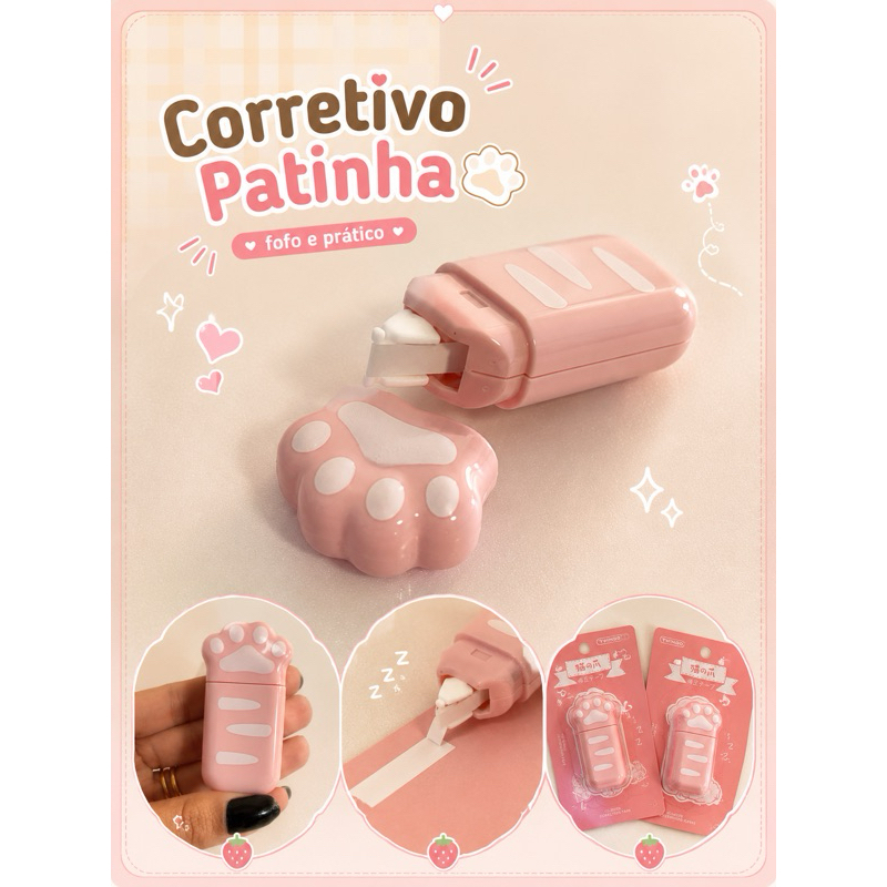 Corretivo Patinha Fita Corretiva Kawaii Material Escolar Fofo Rosa