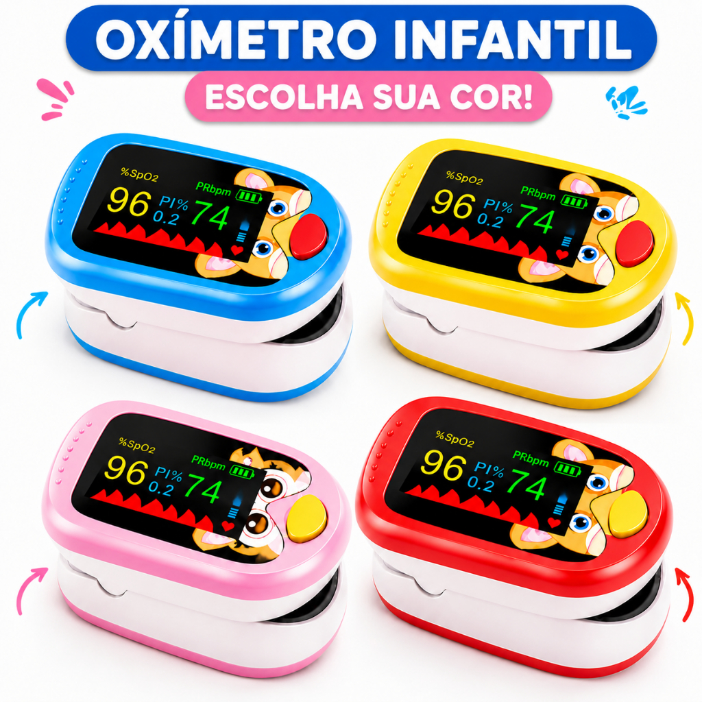 Oxímetro Infantil Digital Colorido de Dedo Monitor  De Saturação, Pediátrico Para Crinça e Bebês, Recarrega via Usb