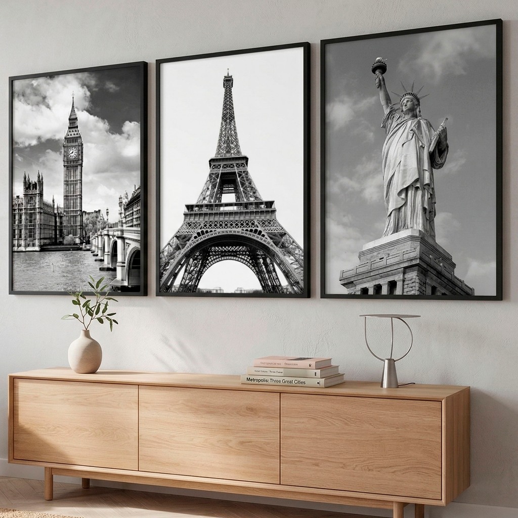 Quadros com Moldura e Vidro Torre Eiffel Estátua da Liberdade Bigbang kit 3 60x40 moderno luxo quarto sala escritório