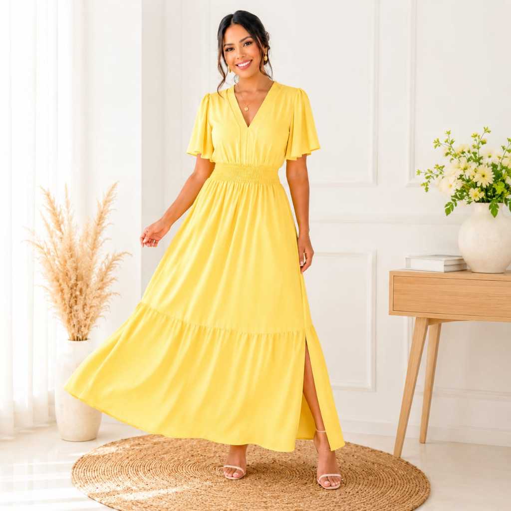 Vestido Feminino Longo Confortável Elegante Moda Evangélica Babado Manga Curta Versátil Discreto Soltinho