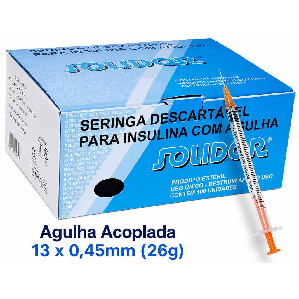Caixa C/100 Unidades de Seringas Insulina 1ml Com Agulha 13 x 0,45mm (Removível) 26g- Solidor