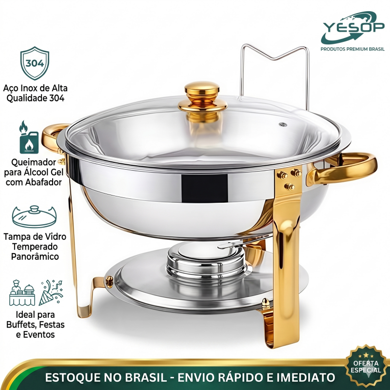 YESOP Réchaud Redondo 5 Litros Dourado Aço Inox 304 Com Tampa De Vidro Para Buffet E Festas