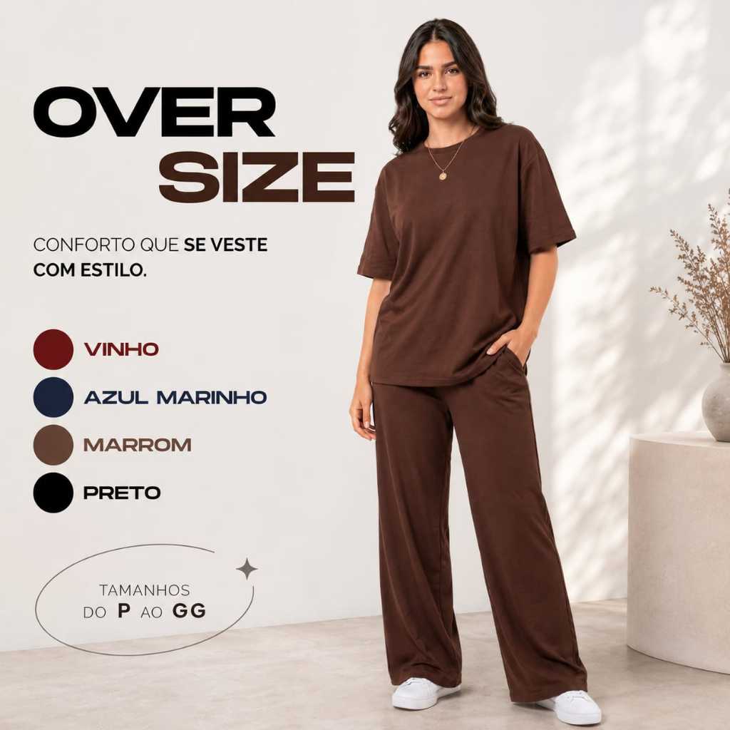 Conjunto Feminino Oversize em Viscolycra Blusa Solta e Calça Pantalona com Bolso, Casual e Confortável.