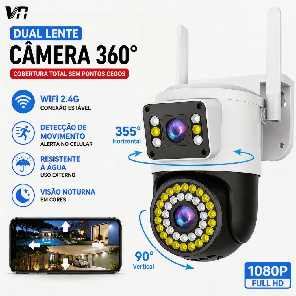 Câmera de Segurança Externa WiFi Dupla À Prova D'água Full HD Visão Noturna Monitor Remoto