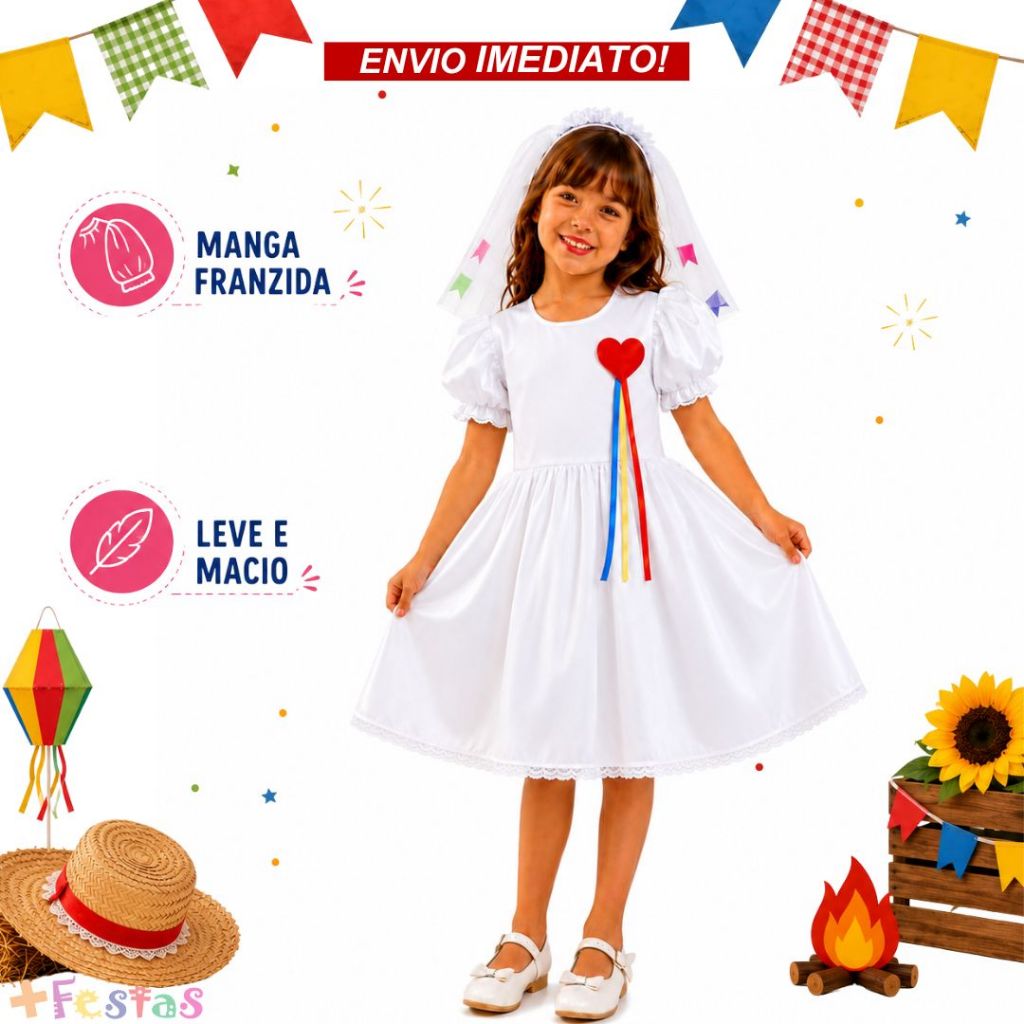 Kit Vestido Fantasia Noiva Junina + Tiara Arquinho Véu Junino Festa Caipira Quadrilha Menina PP a GG