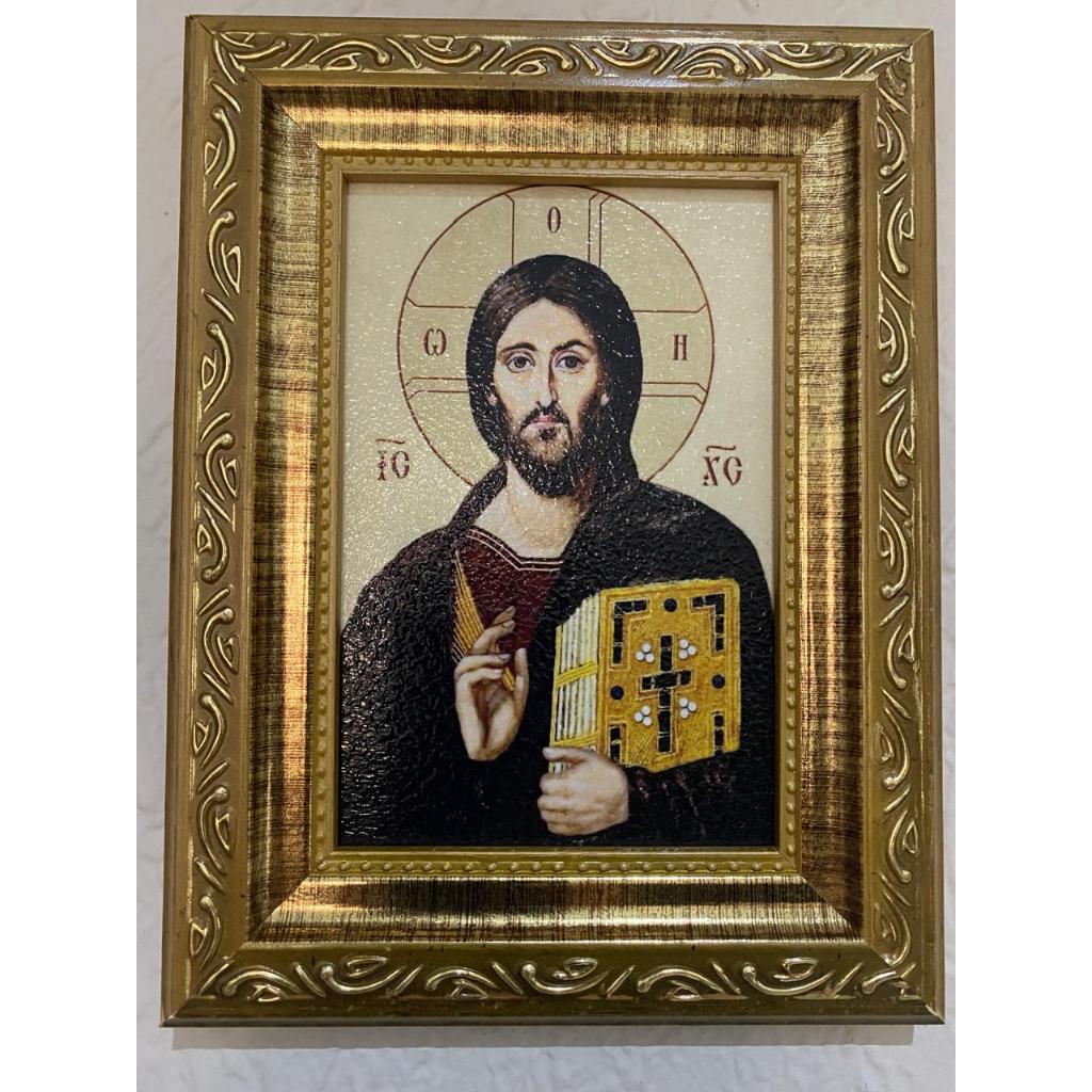 QUADRO JESUS PANTOCRATOR 10X15 CM RESINADO MOLDURA PREMIUM DOURADA