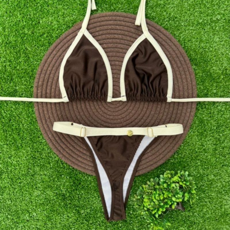 conjunto biquíni cortininha fita bronze cintura alta com regulagem