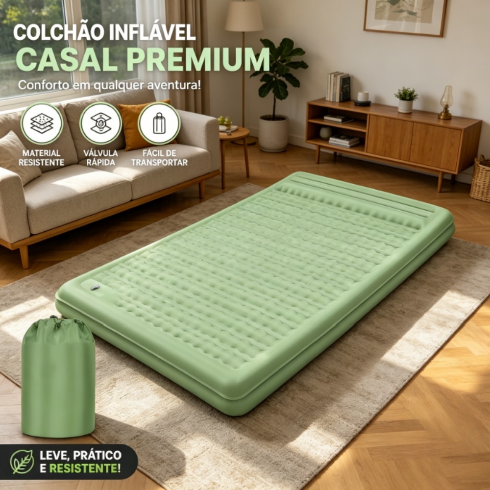 Colchão Inflável Casal JOYFOX com Bomba de Pé Embutida Camping Colchonete Impermeável Verde 200*140*12cm